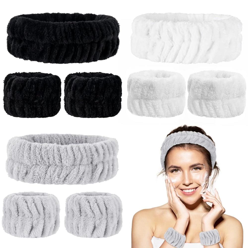 imageWhaline 9Pcs Washing Face Headband and Wrist Washband Set White Grey Black Makeup Headbands Soft Spa Headband Stretchy Head Wrap for Girls Women Yoga Sports Shower Hair Wrist Accessories