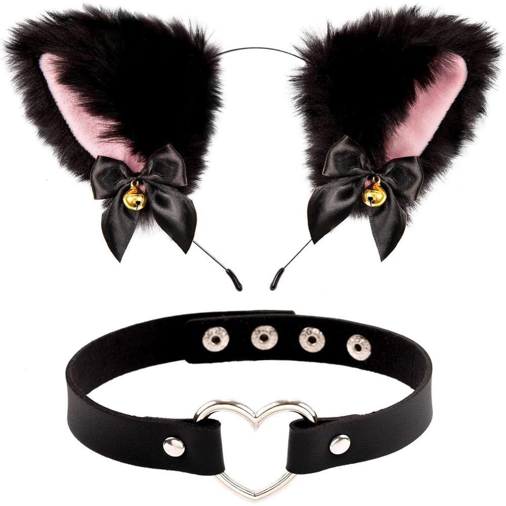 imageWhaline Black Cat Ear Headband with Bell Heart Chocker Necklace Girl Plush Furry Cat Ear Hair Band for Girl Women Adult Cosplay Party Fancy Dress Halloween Drama 2Pcs