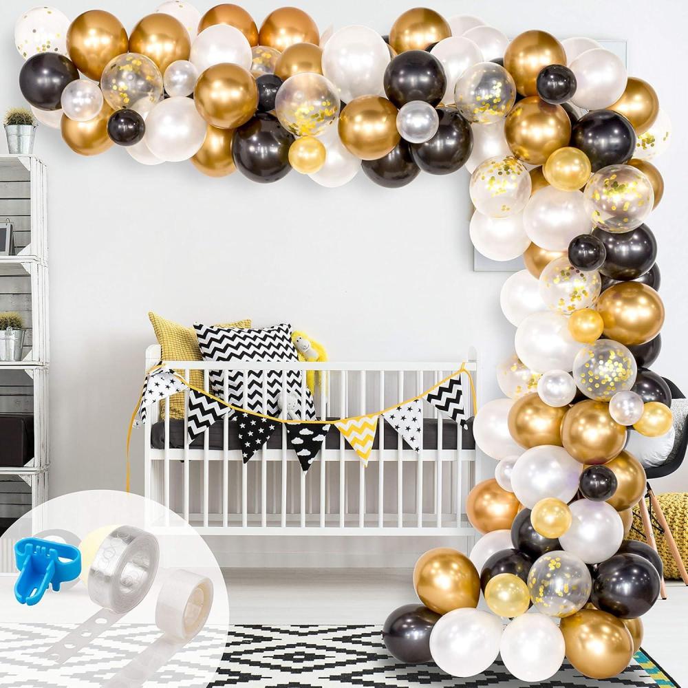 imageWhaline Black and Gold Balloons Garland Arch Kit 120Pcs Graduation Class Decoration Black White Metallic Gold Confetti Latex Balloons for Wedding Anniversary Birthday Christmas New Year Party