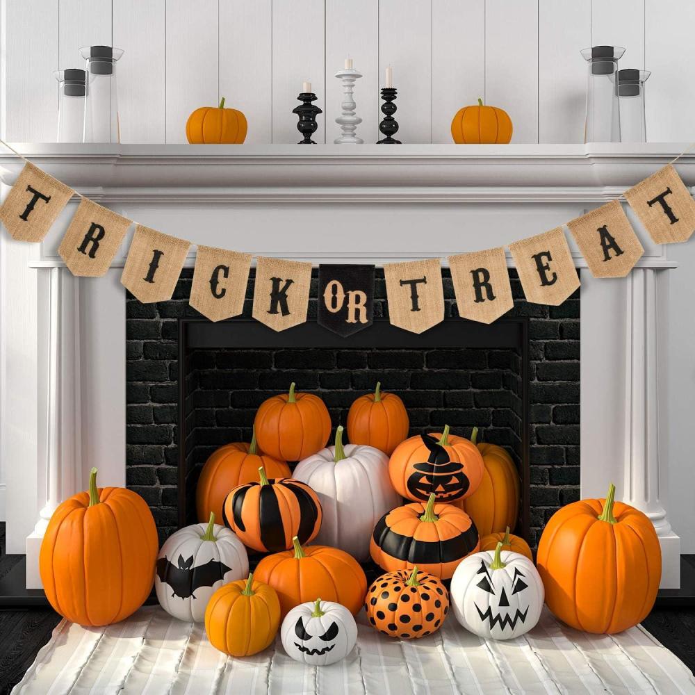 imageWhaline Halloween Trick or Treat Burlap Banner Hanging Banner Home Decor Bunting Flag Fireplace Garland Black Orange