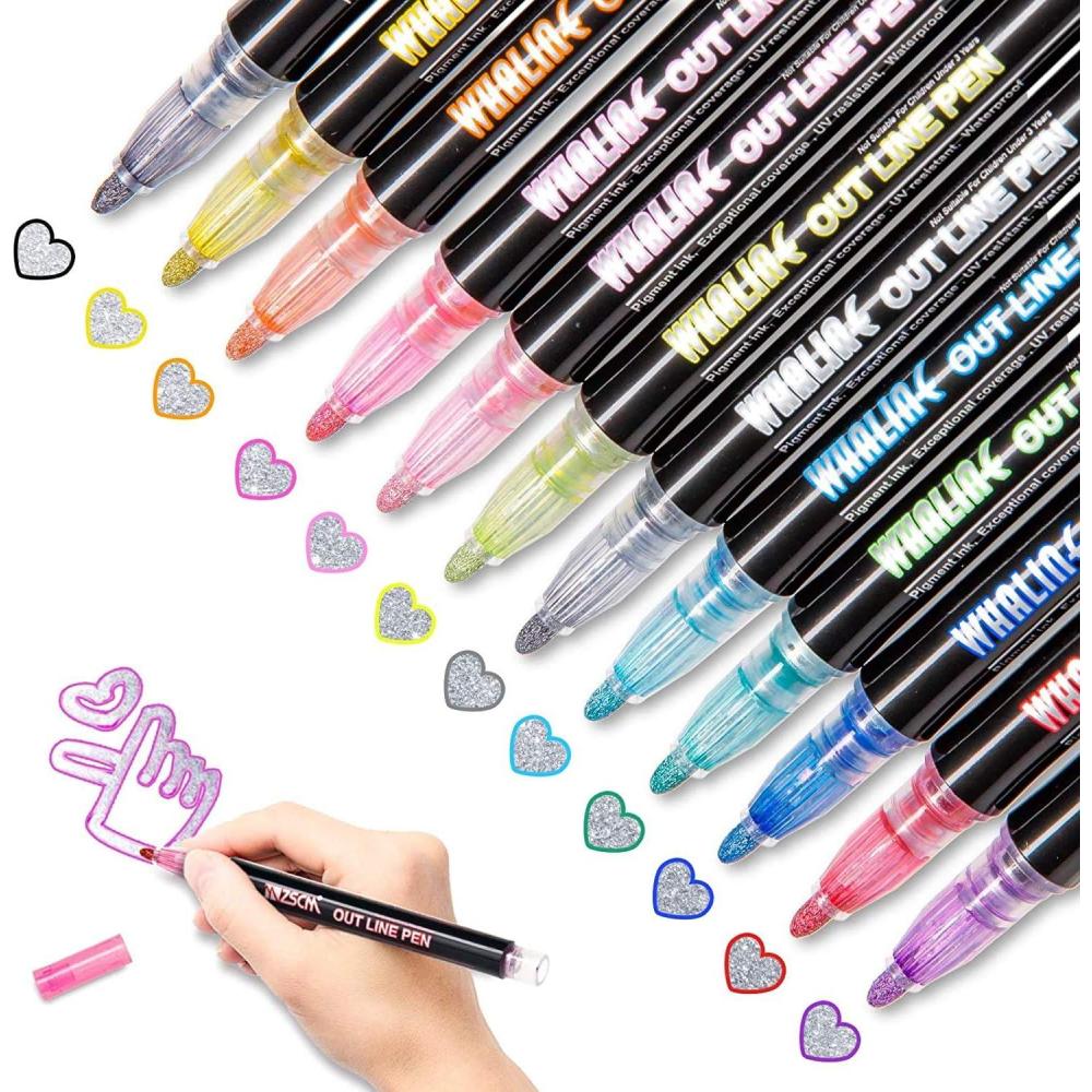 imageWhaline Outline Shimmer Markers 12 Colors Double Line Outline Pens Stocking Stuffers for Teen Girl Gifts Trendy Stuff Glitter Metallic Gel Pens for Birthday Christmas Card Journaling Drawing Crafting