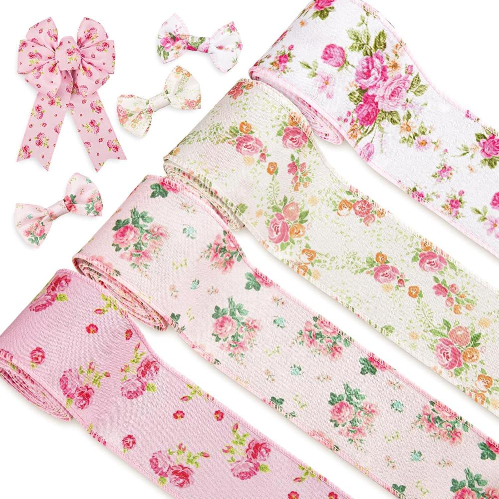 imageWhaline Pink Floral Wired Edge Ribbon 4 Rolls Rose Flower Pattern Ribbon Spring Summer Fabric Decorative Craft Ribbons for Mothers Day Gift Wrapping Hair Bow Sewing Wreath Crafts 20 Yard x 25 Inch