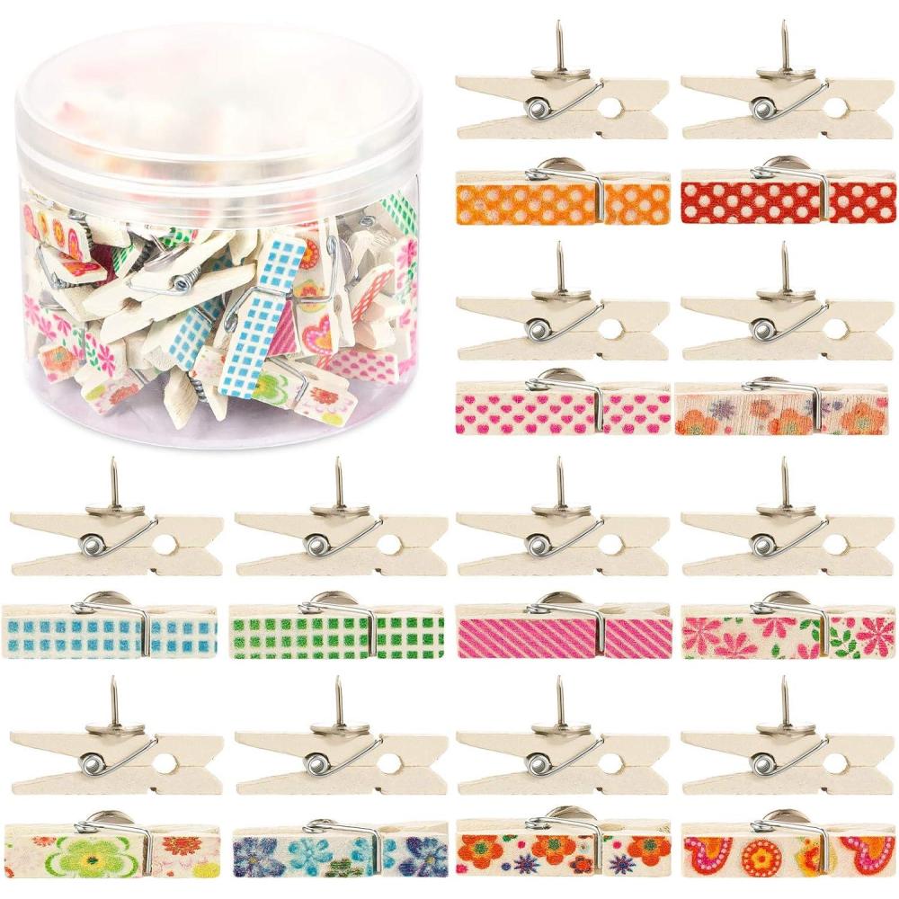 imageWhaline Push Pins with Colorful Wooden Clips Pushpins 50 Pack Tacks Thumbtacks Clothespins Decorative Craft Paper Clips for Cork Boards Artworks Notes Photos Craft and Wall Decoration