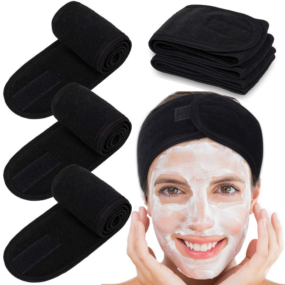 imageWhaline Spa Facial Headband Head Wrap Terry Cloth Headband 4 Counts Stretch Towel for Bath Makeup and Sport BlackBlack