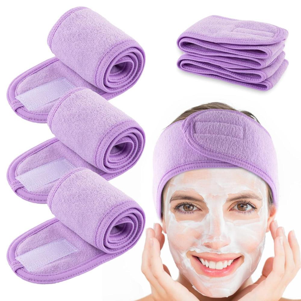 imageWhaline Spa Facial Headband Head Wrap Terry Cloth Headband 4 Counts Stretch Towel for Bath Makeup and Sport BlackLight Purple