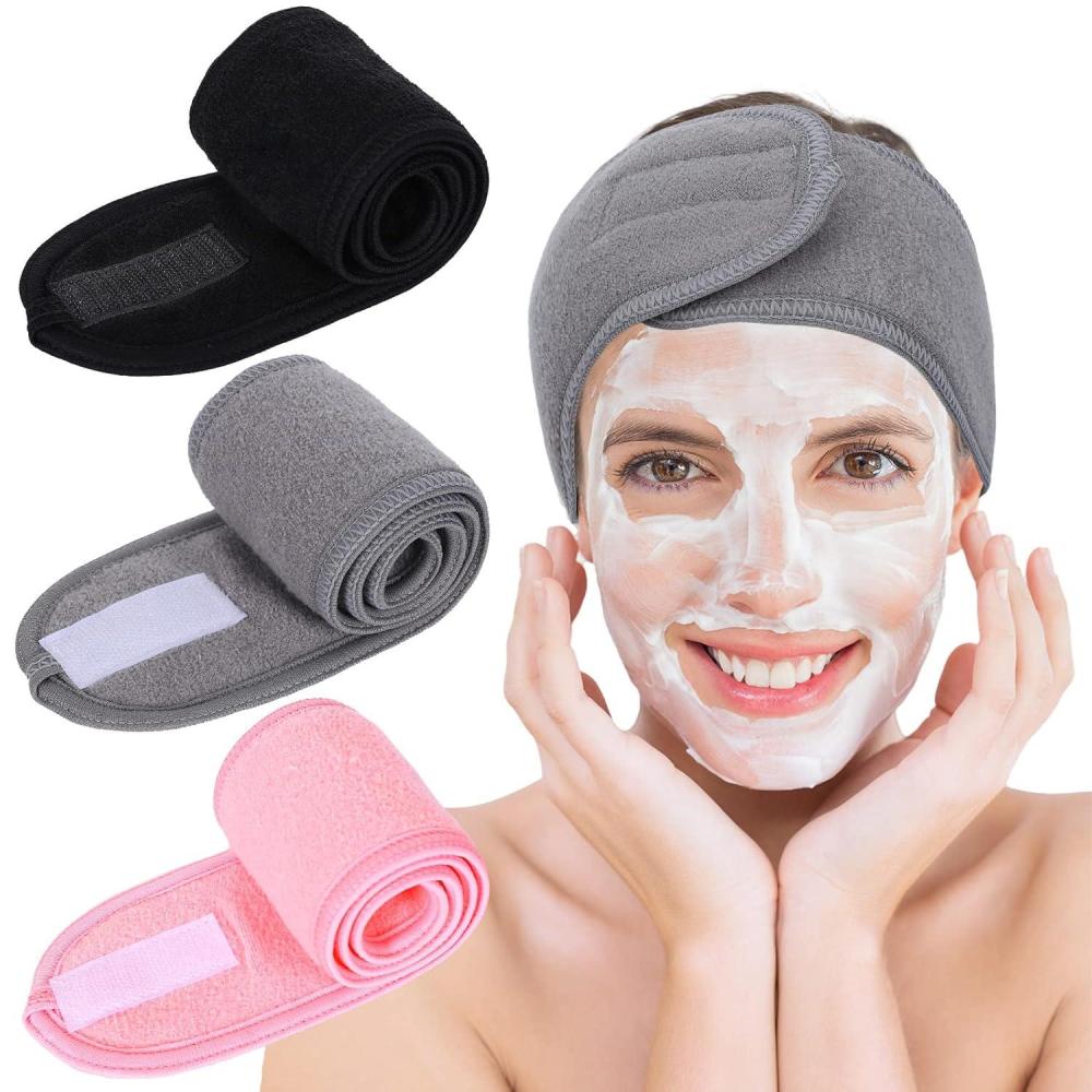 imageWhaline Spa Facial Headbands 3 Pieces Make Up Wrap Head Terry Cloth Headband Soft Adjustable Towel Band for Face Washing Shower Facial Cover YogaBlack Pink GrayBlack Pink Gray