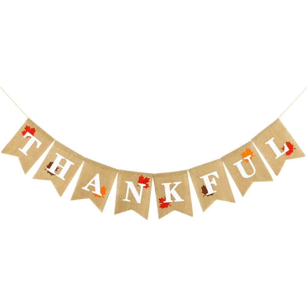 imageWhaline Thankful Burlap Banner with Rustic Autumn Maple Leaves Thanksgiving Day Decorations Garland Fall Harvest Home Decor Mantel Fireplace Wall Hanging