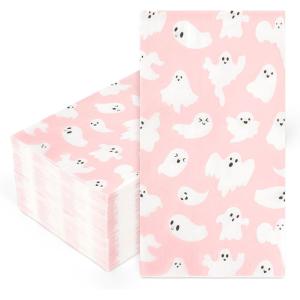 Whaline 100Pcs Halloween Ghost Guest Napkins Pink Ghost Boo Cute Cartoon Disposable Dinner Hand Towel Paper Napkins for Bathroom Birthday Baby Shower Party Table Supplies