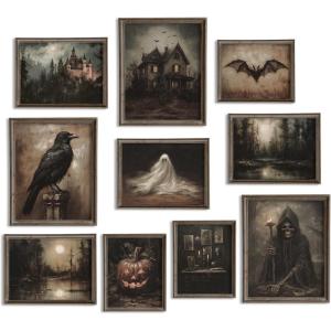 Whaline 10Pcs Halloween Dark Wall Art Prints Creepy Halloween Aesthetic Paper Posters Witchy Picture Decorations for Gallery Living Room Bedroom Office, Unframed