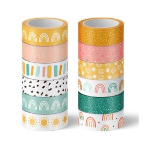 Whaline 12 Roll Boho Washi Tapes Back to School Boho Rainbow Sun Masking Tapes 15mm Summer Party Cute Decorative Tape Sticker for Scrapbook Journal DIY Art Craft Gift Wrapping, 16.4Ft