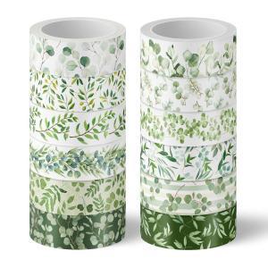 Whaline 12 Rolls Green Forest Washi Tape Watercolor Greenery Holiday Masking Tape Woodland Green Tree Plants Pattern Washi Tape for Scrapbook Journal DIY Craft Gift Wrapping(Eucalyptus)