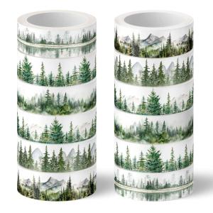 Whaline 12 Rolls Green Forest Washi Tape Watercolor Greenery Holiday Masking Tape Woodland Green Tree Plants Pattern Washi Tape for Scrapbook Journal DIY Craft Gift Wrapping(Forest)