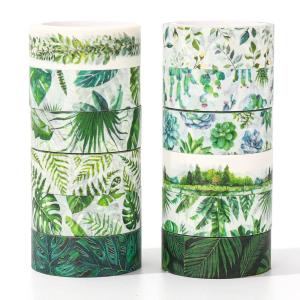 Whaline 12 Rolls Green Forest Washi Tape Watercolor Greenery Holiday Masking Tape Woodland Green Tree Plants Pattern Washi Tape for Scrapbook Journal DIY Craft Gift Wrapping(Tropical Leaves)