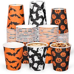 Whaline 120Pcs Halloween Paper Cups Pumpkin Ghost Bats Disposable Cups 3 Designs Black Orange Party Cups for Cold Hot Drink Table Decor Supplies, 9 Oz