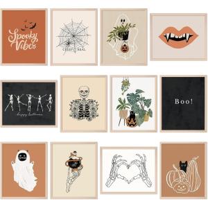 Whaline 12Pcs Halloween Wall Art Prints 8×10 Inch Boho Skeleton Ghost Black Cat Art Poster Decor Halloween Art Prints for Halloween Gallery Wall Home Living Room Bedroom Decor (UNFRAMED)(Paper)