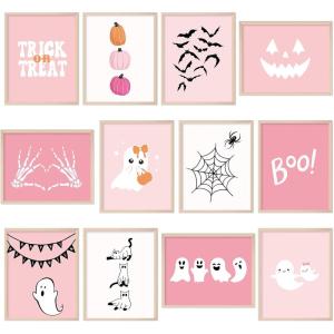 Whaline 12Pcs Halloween Wall Art Prints Cute Pink Ghost Pumpkin Boo Art Poster Trick or Treat Aesthetic Wall Decor for Gallery Living Room Bedroom (UNFRAMED 11 x 14 Inch)(Pink)
