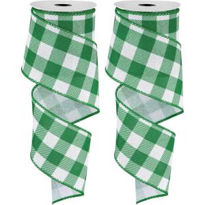Whaline 2 Rolls Wired Edge Plaid Ribbon Christmas Buffalo Check Ribbon White Black Plaid Ribbon 2.5″ Wide Farmhouse Craft Ribbon for DIY Gift Wrapping Wreath Xmas Tree Bow Decoration, 10 Yard(Green and White)
