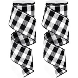 Whaline 2 Rolls Wired Edge Plaid Ribbon Christmas Buffalo Check Ribbon White Black Plaid Ribbon 2.5″ Wide Farmhouse Craft Ribbon for DIY Gift Wrapping Wreath Xmas Tree Bow Decoration, 10 Yard(Black and White)