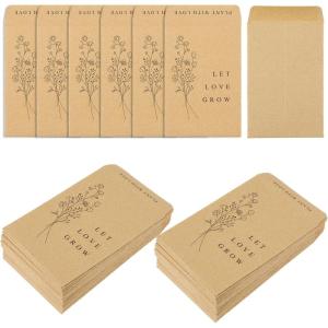 Whaline 200Pcs Self Adhesive Wedding Favor Packets Let Love Grow Green Envelope Minimalist Storage Pockets for Garden Office Gift Party Supplies, 3.5 x 2.4 Inch(brown)