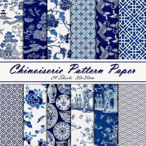 Whaline 24 Sheets Chinoiserie Pattern Paper 12 Design Blue China Scrapbook Specialty Double-Sided Collection Oriental Decorative Craft Paper Folded Flat for Chinoiserie Card Making Scrapbook
