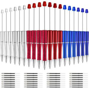 Whaline 24Pcs Beadable Pen Black Gold Silver Bead Ballpoint Pen Gel Ink Pen Retractable Writing Pens with Extra Refills for DIY Crafts Office School Gifts Party Supplies(Red Blue Silver)