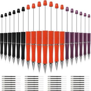 Whaline 24Pcs Beadable Pen Black Gold Silver Bead Ballpoint Pen Gel Ink Pen Retractable Writing Pens with Extra Refills for DIY Crafts Office School Gifts Party Supplies(Orange Purple Black)