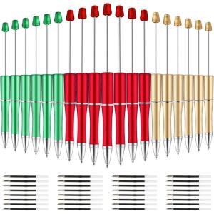 Whaline 24Pcs Beadable Pen Black Gold Silver Bead Ballpoint Pen Gel Ink Pen Retractable Writing Pens with Extra Refills for DIY Crafts Office School Gifts Party Supplies(Red Green Gold)