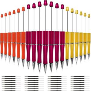 Whaline 24Pcs Beadable Pen Black Gold Silver Bead Ballpoint Pen Gel Ink Pen Retractable Writing Pens with Extra Refills for DIY Crafts Office School Gifts Party Supplies(Orange Red Yellow)