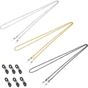 Whaline 3 Pieces Eyeglasses Chain Sunglass Neck Strap Holder with 6 Pcs Adjustable Rubber Ends Connectors(Golden  Silver  Black)