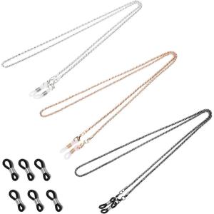 Whaline 3 Pieces Eyeglasses Chain Sunglass Neck Strap Holder with 6 Pcs Adjustable Rubber Ends Connectors(Silver  Rose Gold  Black)