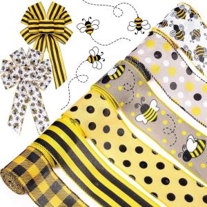 Whaline 30 Yard Summer Bumble Bee Fabric Burlap Ribbon 6 Design Yellow Black Dots Plaid Strip Wired Edge Ribbon Fabric Craft Decorative Ribbon for Gift Wrapping Birthday Party Decor Hair Bow Sewing