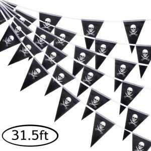 Whaline 31.5ft Halloween Jolly Roger Banner, Skull Pirate Flags 30Pcs Triangle Flags Bunting for Halloween Party Pirate Party and Outdoor Decoration, Vivid Color and UV Fade Resistant