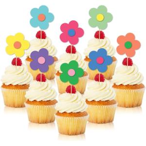 Whaline 32Pcs Groovy Retro Hipple Flower Cupcake Toppers 3D Colorful Pink Boho Cupcake Picks with Sticks Glue Point for Boho Party Supplies Cake Decorations(Y2k Color)