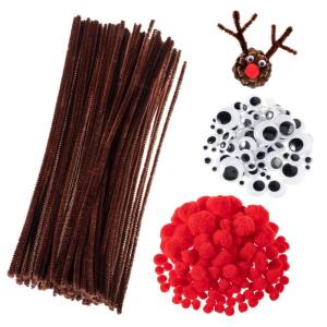 Whaline 350 Pcs Christmas Pipe Cleaners Set Including 100 Pcs Brown Craft Chenille Stems, 100 Pcs Multi Sized Wiggle Googly Eyes and 150 Pcs Pompoms for Christmas Craft Party DIY Art Supplies