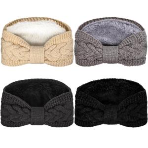 Whaline 4 Pack Twisted Knit Headbands Winter Knotted Head Wraps Fuzzy Lined Headband Thick Crochet Turban Ear Warmer Elastic Hair Band Accessories for Women (White, Pink, Black, Grey)(Grey  Black)