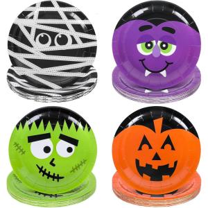 Whaline 40 Pack Halloween Paper Plates 4 Design Pumpkin Monster Bat Disposable Plates Colorful Round Tableware for Halloween Party Holiday Dinner Tableware Decoration Supplies, 9 Inch