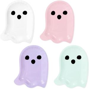 Whaline 40Pcs Halloween Paper Plates Boo Ghost Disposable Dinner Plates 4 Pastel Colors Tableware for Party Supplies Table Decor, 7.6 x 9.6 in(80)