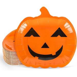 Whaline 40Pcs Halloween Paper Plates Pink Pumpkin Shaped Disposable Plates Cute Grimace Pumpkin Pattern Decorative Plates for Halloween Holiday Birthday Party Baby Shower Dinner Tableware Supplies(Orange)