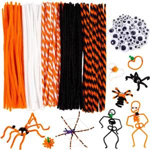 Whaline 450Pcs Halloween Pipe Cleaners Set Includes 5 Colors Chenille Stems 5 Sizes Wiggle Googly Eyes 4 Sizes Pompoms for Halloween Party DIY Art Craft Supplies (Black, Orange, White)