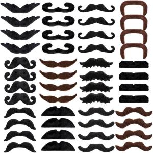 Whaline 48Pcs Fake Mustaches Self-Adhesive Blank Brown Costume Novelty Mustache 12 Styles Artificial Bead for Masquerade Performance Birthday Costume Cosplay Party Supplies