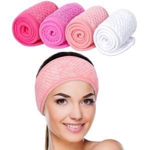 Whaline 4Pcs Spa Facial Headband Super Absorption Makeup Hair Wrap Adjustable Coral Fleece Hair Band Soft Towel Head Band for Face Washing Shower Sports(White  Pink)