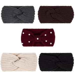 Whaline 5 Pieces Winter Knit Headbands Chunky Knit Headbands,4 Elastic Turban Head Wraps and 1 Pearl Crochet Hair Band, Ear Warmer Crochet Head Wraps for Women Girls (Autumn&Winter Colors)(Autumn&Winter Colors)