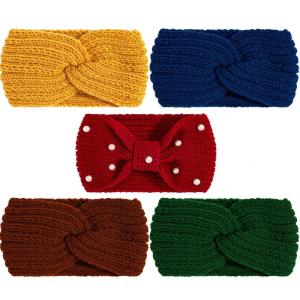Whaline 5 Pieces Winter Knit Headbands Chunky Knit Headbands,4 Elastic Turban Head Wraps and 1 Pearl Crochet Hair Band, Ear Warmer Crochet Head Wraps for Women Girls (Autumn&Winter Colors)(Bright&Dark Colors)