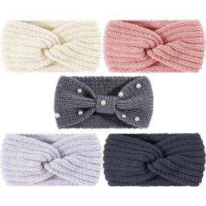Whaline 5 Pieces Winter Knit Headbands Chunky Knit Headbands,4 Elastic Turban Head Wraps and 1 Pearl Crochet Hair Band, Ear Warmer Crochet Head Wraps for Women Girls (Autumn&Winter Colors)(Pink&Gray)