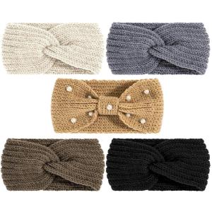 Whaline 5 Pieces Winter Knit Headbands Chunky Knit Headbands,4 Elastic Turban Head Wraps and 1 Pearl Crochet Hair Band, Ear Warmer Crochet Head Wraps for Women Girls (Autumn&Winter Colors)(Gray&BrownGray&Brown)