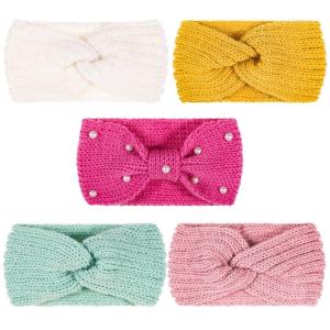 Whaline 5 Pieces Winter Knit Headbands Chunky Knit Headbands,4 Elastic Turban Head Wraps and 1 Pearl Crochet Hair Band, Ear Warmer Crochet Head Wraps for Women Girls (Autumn&Winter Colors)(Candy Color)