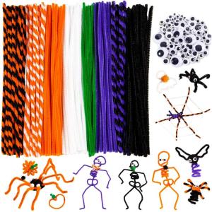 Whaline 500Pcs Halloween Pipe Cleaners Set Includes 8 Colors Chenille Stems 5 Sizes Wiggle Googly Eyes 4 Sizes Pompoms for Halloween Party DIY Art Craft Supplies (Black, Orange, White, Purple, Green)