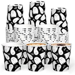 Whaline 50Pcs 12oz Halloween Ghost Paper Cups Pink Cute Ghost Boo Disposable Cups for Hot Cold Drinks Halloween Birthday Baby Shower Party Table Supplies(Black)