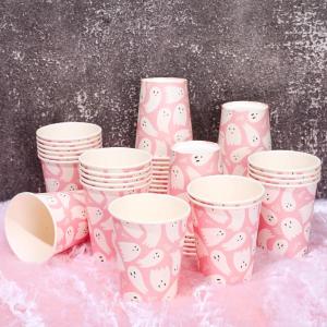 Whaline 50Pcs 12oz Halloween Ghost Paper Cups Pink Cute Ghost Boo Disposable Cups for Hot Cold Drinks Halloween Birthday Baby Shower Party Table Supplies(Pink)