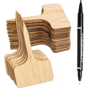 Whaline 50Pcs Bamboo Plant Labels with A Marker Pen, T-Type Wooden Plant Sign Tags Garden Markers for Seed Potted Herbs Flowers Vegetables(6 x 10 cm)